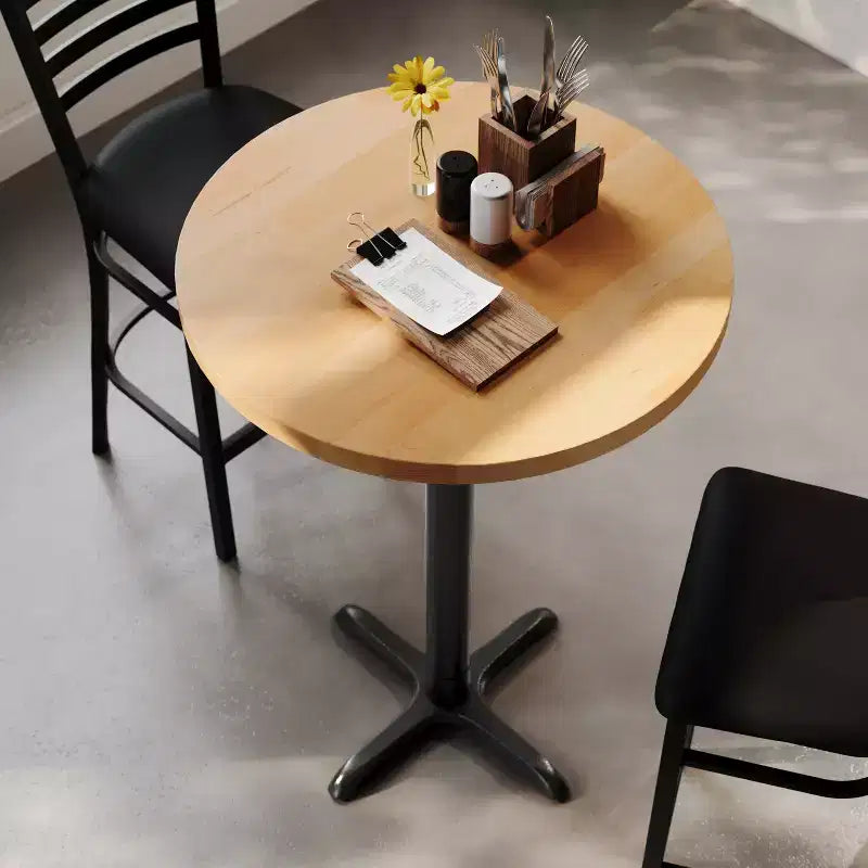 Round Solid Wood Commercial Indoor Tabletop with 22" x 22" Bar Height Rust-Resistant Cast Iron X-Base