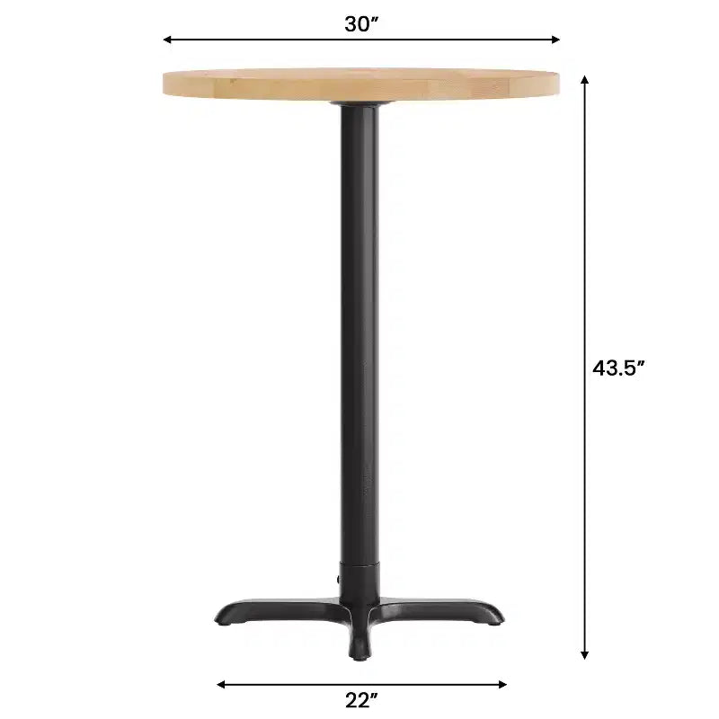 Round Solid Wood Commercial Indoor Tabletop with 22" x 22" Bar Height Rust-Resistant Cast Iron X-Base