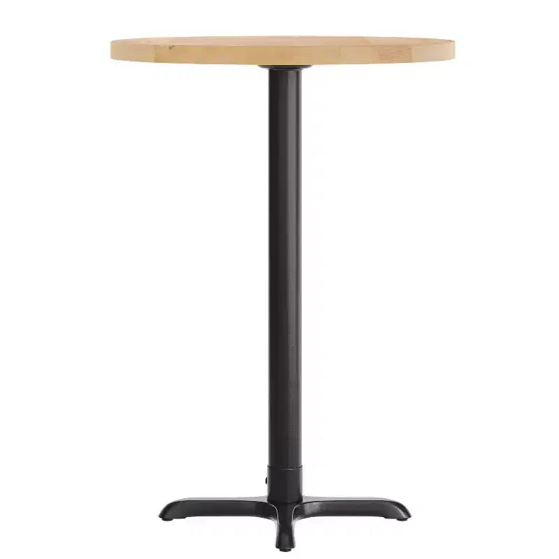 Round Solid Wood Commercial Indoor Tabletop with 22" x 22" Bar Height Rust-Resistant Cast Iron X-Base