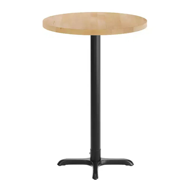 Round Solid Wood Commercial Indoor Tabletop with 22" x 22" Bar Height Rust-Resistant Cast Iron X-Base