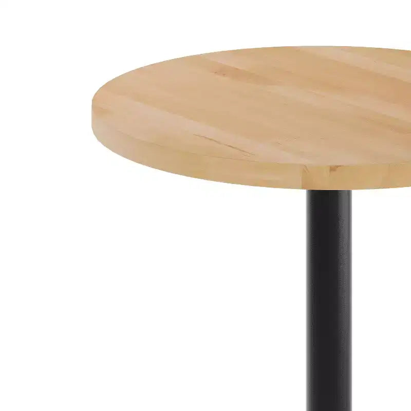Round Solid Wood Commercial Indoor Tabletop with 22" x 22" Bar Height Rust-Resistant Cast Iron X-Base