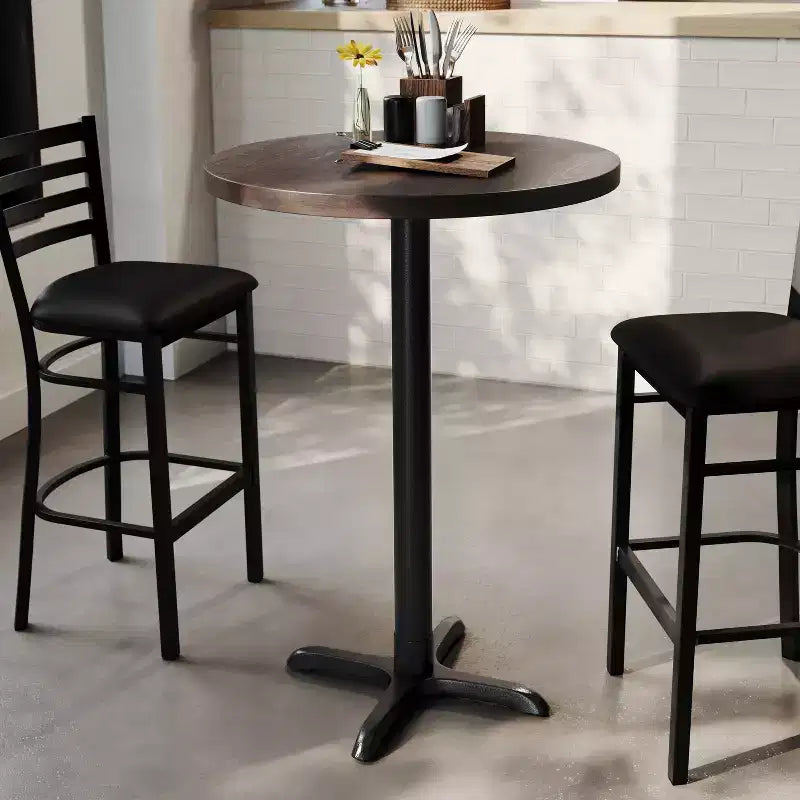Round Solid Wood Commercial Indoor Tabletop with 22" x 22" Bar Height Rust-Resistant Cast Iron X-Base