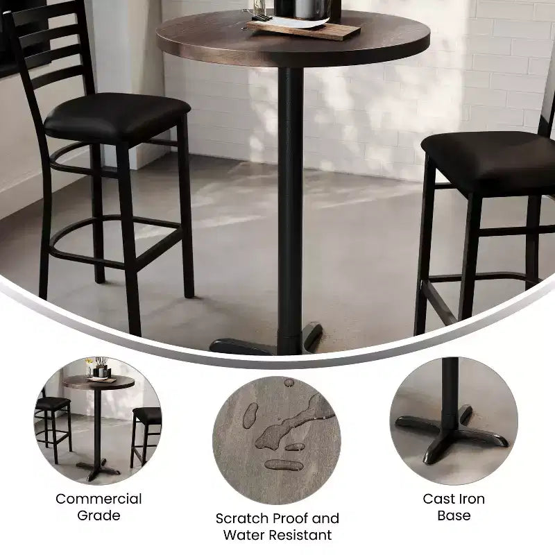 Round Solid Wood Commercial Indoor Tabletop with 22" x 22" Bar Height Rust-Resistant Cast Iron X-Base