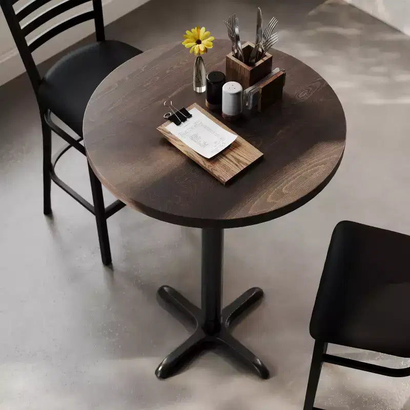 Round Solid Wood Commercial Indoor Tabletop with 22" x 22" Bar Height Rust-Resistant Cast Iron X-Base