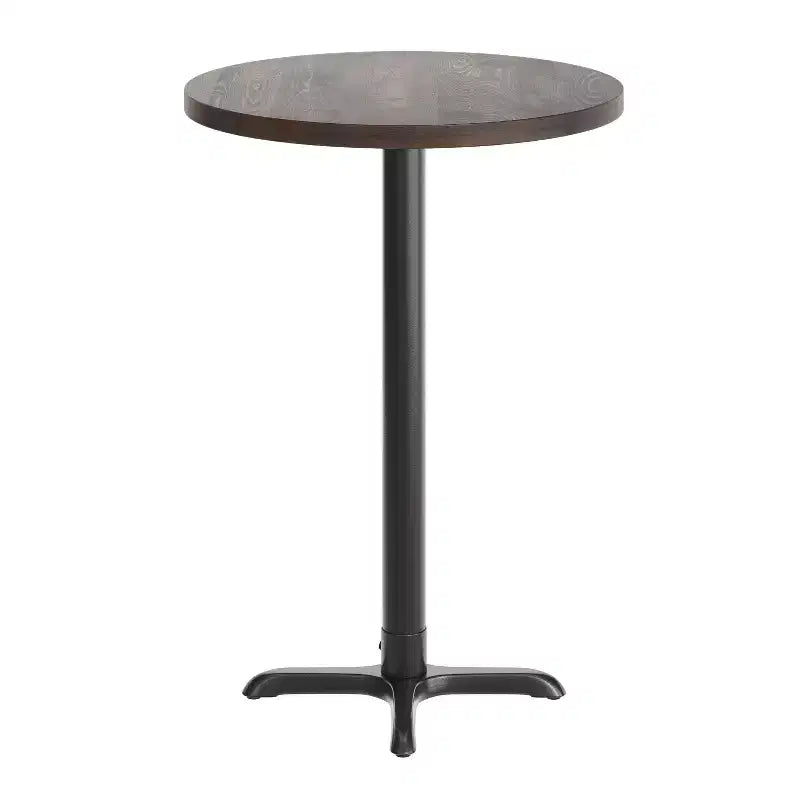 Round Solid Wood Commercial Indoor Tabletop with 22" x 22" Bar Height Rust-Resistant Cast Iron X-Base