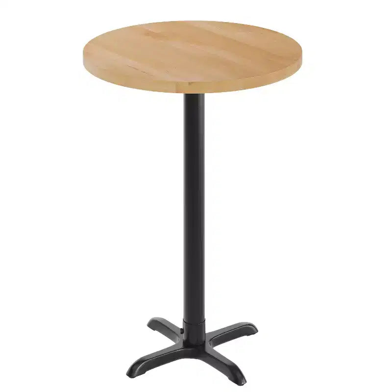 Round Solid Wood Commercial Indoor Tabletop with 22" x 22" Bar Height Rust-Resistant Cast Iron X-Base