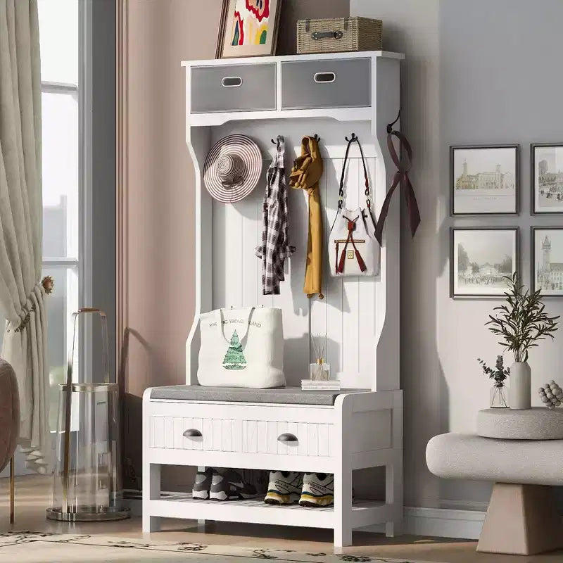 69" Farmhouse Hall Tree with 6 Hooks and Hinged Lid, Coat Rack with Storage Bench, Entryway Storage for Living Room, Hallway, White