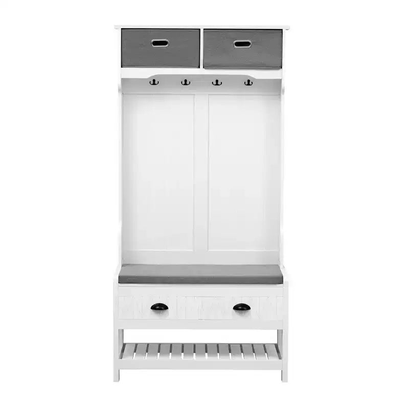 69" Farmhouse Hall Tree with 6 Hooks and Hinged Lid, Coat Rack with Storage Bench, Entryway Storage for Living Room, Hallway, White