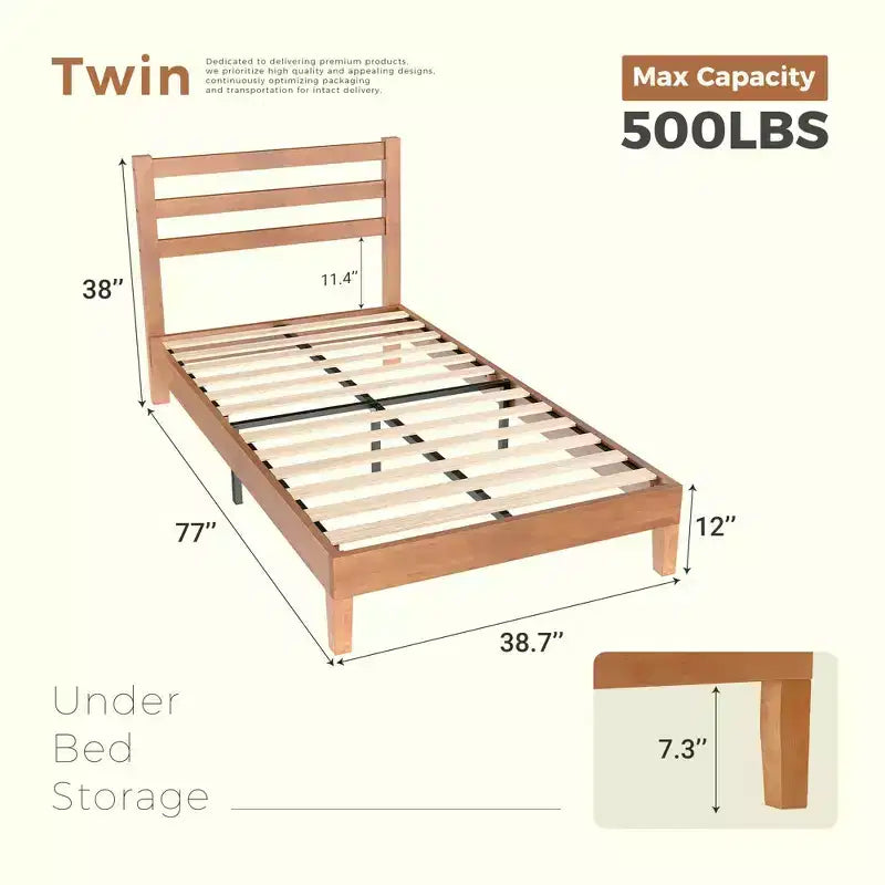 1100 LBS Heavy Duty Solid Wood Bed Frame Mattress Base with Headboard Wooden Slat Support No Box Spring Needed