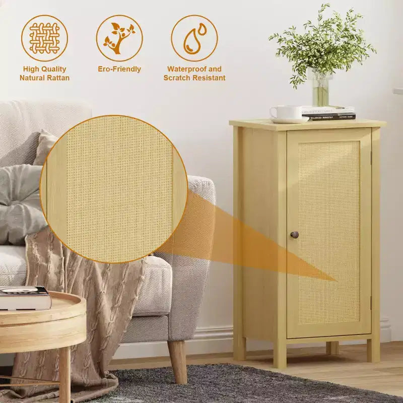 Modern Nightstand with Storage, 15.8W Wooden Sofa Side Table, Rattan Slim End Table, Bedside Table for Living Room Bedroom Sofa Couch