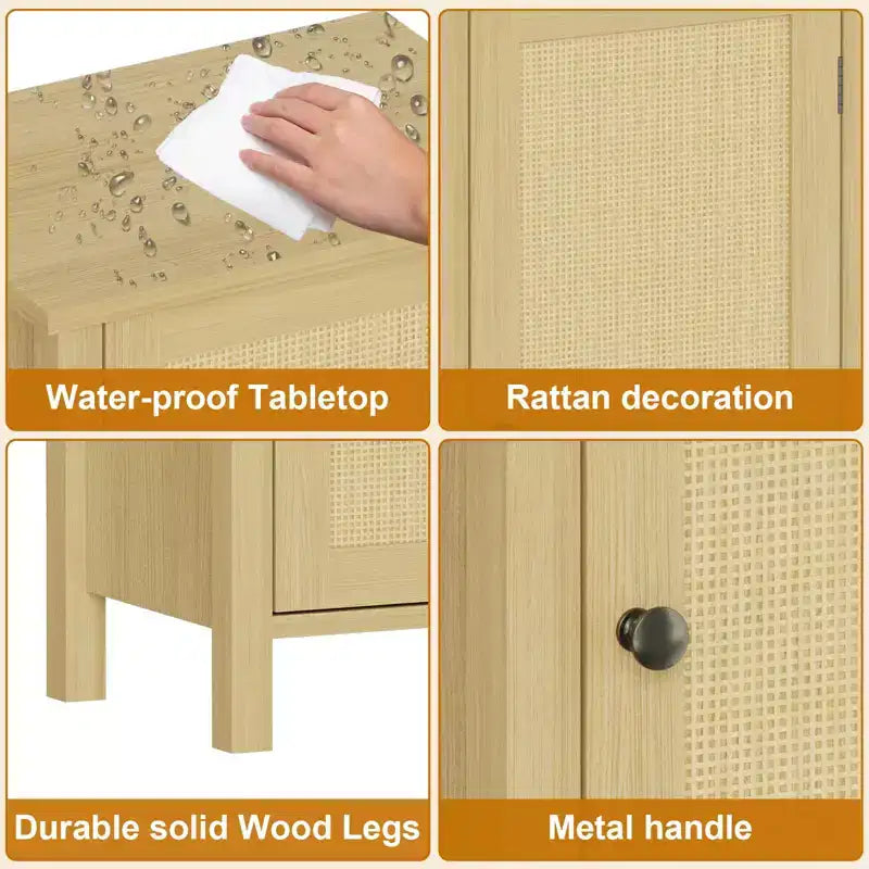 Modern Nightstand with Storage, 15.8W Wooden Sofa Side Table, Rattan Slim End Table, Bedside Table for Living Room Bedroom Sofa Couch