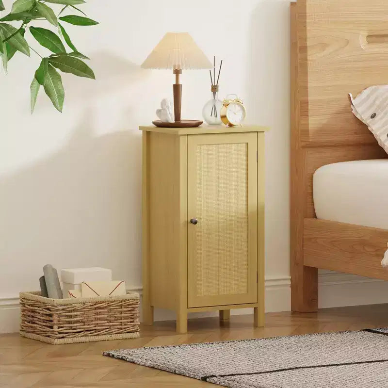 Modern Nightstand with Storage, 15.8W Wooden Sofa Side Table, Rattan Slim End Table, Bedside Table for Living Room Bedroom Sofa Couch