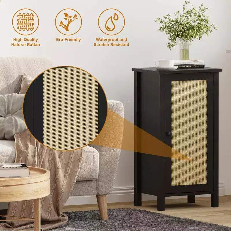 Modern Nightstand with Storage, 15.8W Wooden Sofa Side Table, Rattan Slim End Table, Bedside Table for Living Room Bedroom Sofa Couch