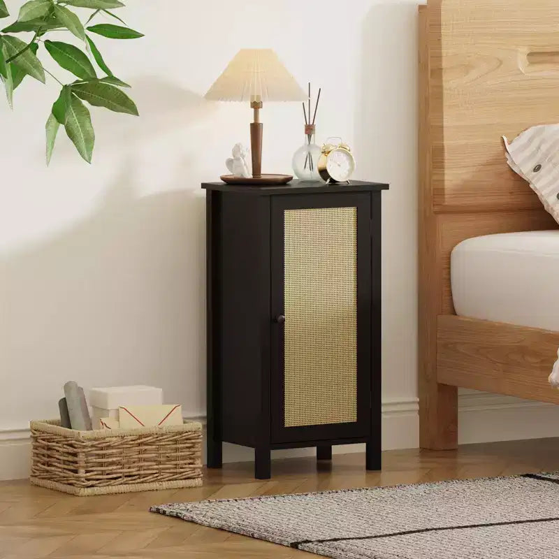 Modern Nightstand with Storage, 15.8W Wooden Sofa Side Table, Rattan Slim End Table, Bedside Table for Living Room Bedroom Sofa Couch