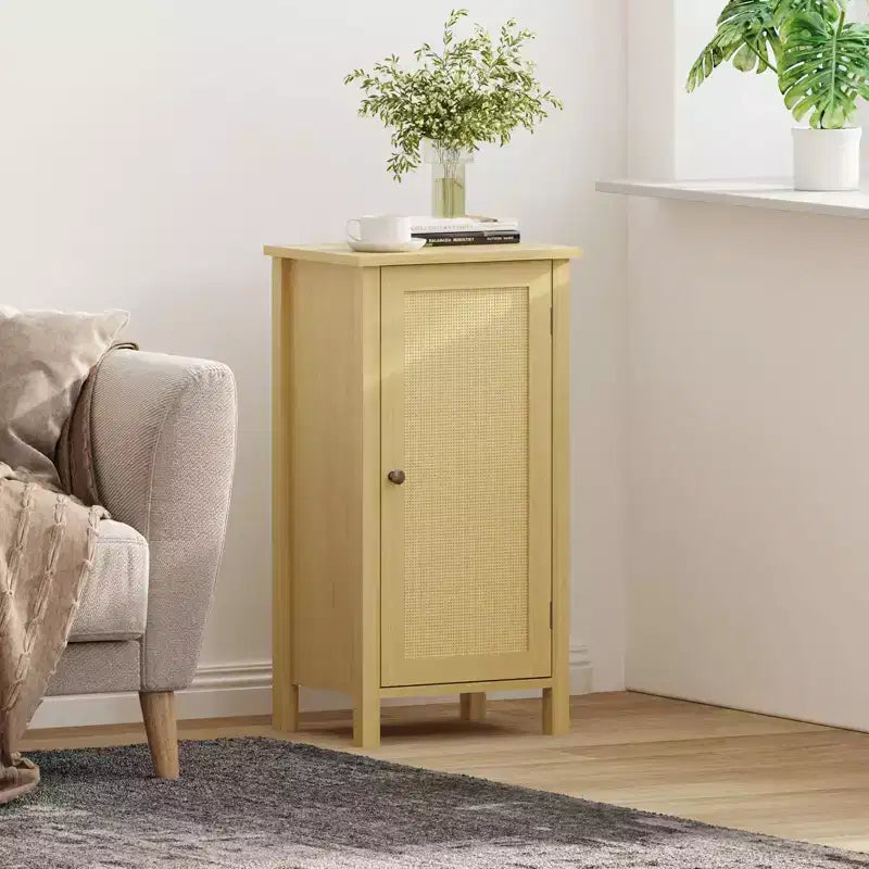 Modern Nightstand with Storage, 15.8W Wooden Sofa Side Table, Rattan Slim End Table, Bedside Table for Living Room Bedroom Sofa Couch