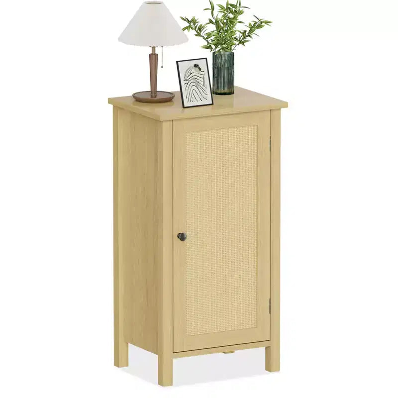 Modern Nightstand with Storage, 15.8W Wooden Sofa Side Table, Rattan Slim End Table, Bedside Table for Living Room Bedroom Sofa Couch