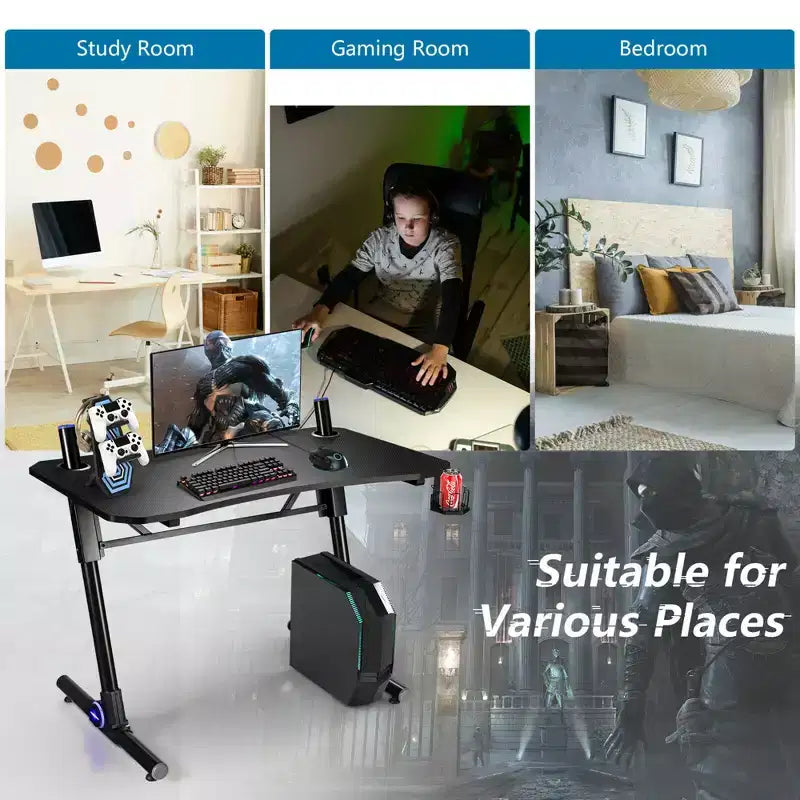 Costway Gaming Computer Desk Height Adjustable w/ LED Light & Gaming Handle Rack