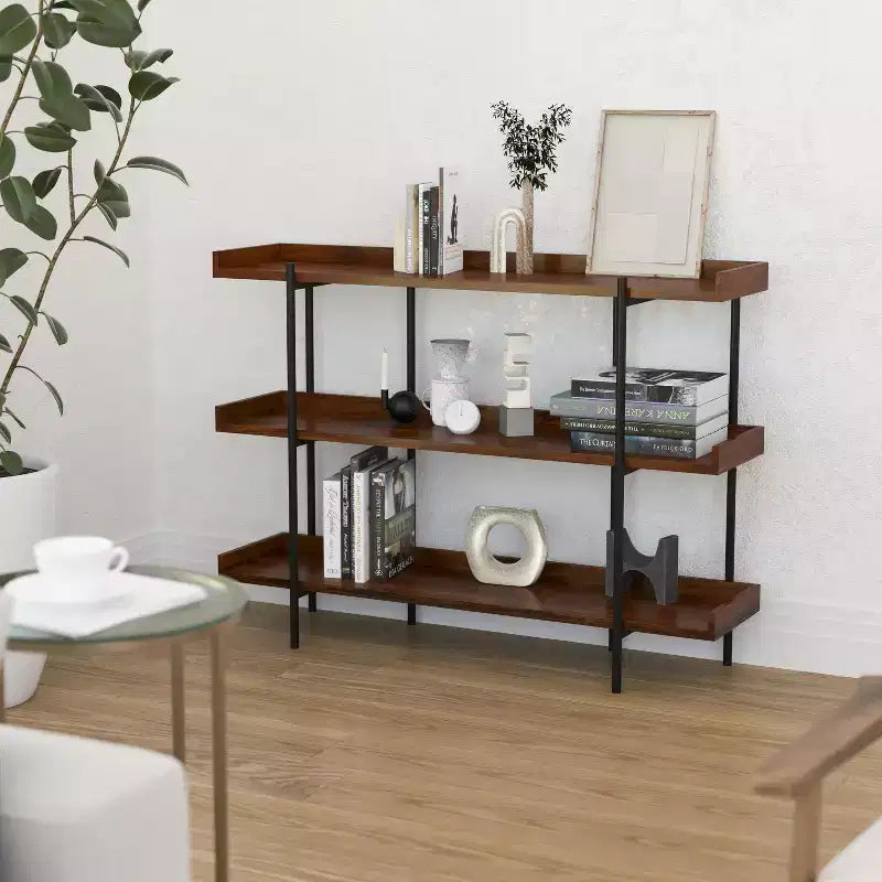 Industrial Style Rustic Brown 3-Tiered Shelving Unit With Black Metal Frame and Raised Border - 35H