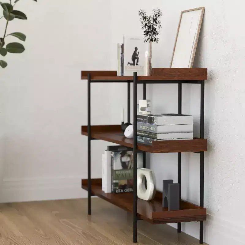 Industrial Style Rustic Brown 3-Tiered Shelving Unit With Black Metal Frame and Raised Border - 35H