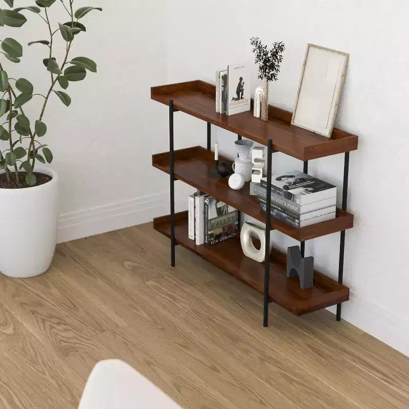 Industrial Style Rustic Brown 3-Tiered Shelving Unit With Black Metal Frame and Raised Border - 35H