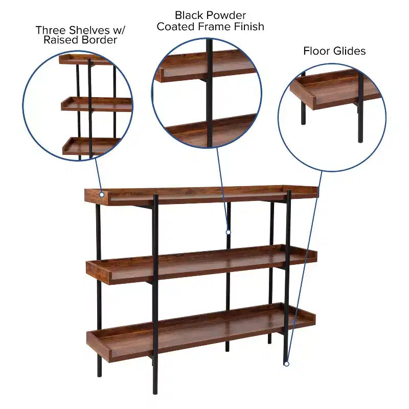 Industrial Style Rustic Brown 3-Tiered Shelving Unit With Black Metal Frame and Raised Border - 35H