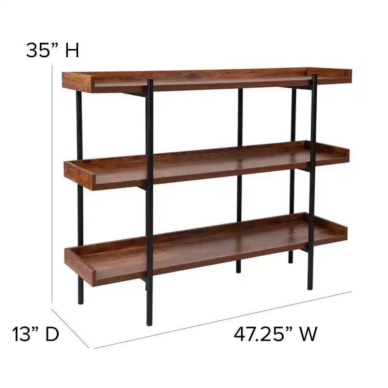 Industrial Style Rustic Brown 3-Tiered Shelving Unit With Black Metal Frame and Raised Border - 35H