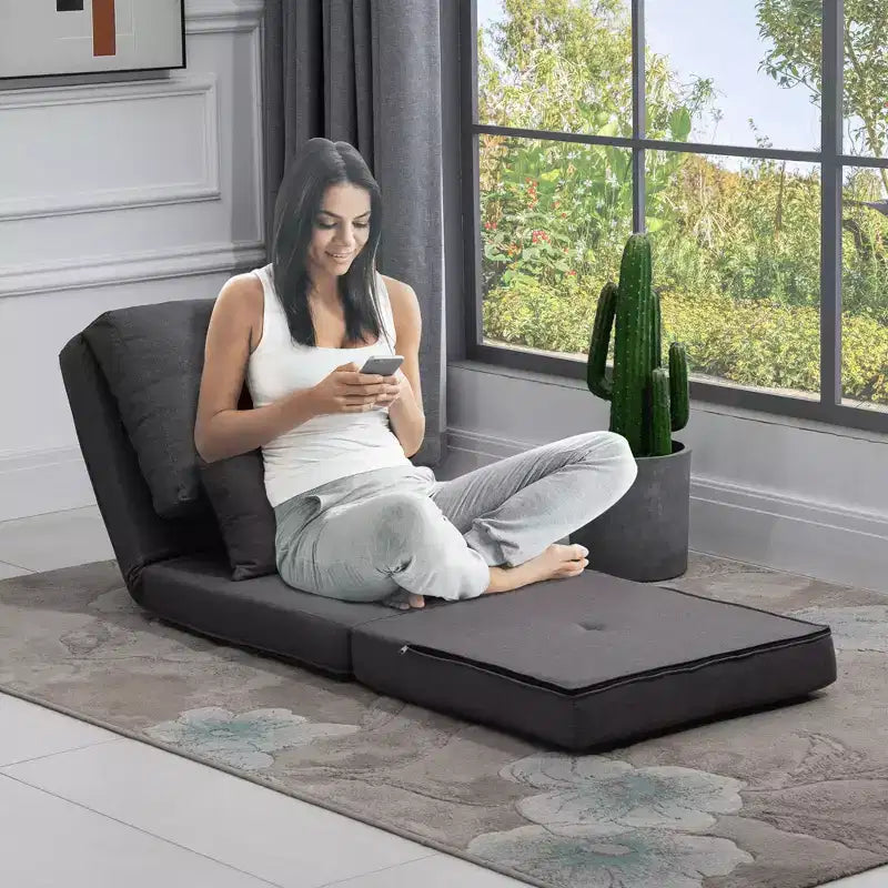 Convertible Flip Chair, Floor Lazy Sofa, Folding Upholstered Couch Bed with Adjustable Backrest, Metal Frame and Pillows for Living Room