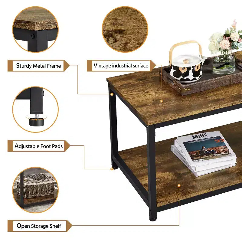 Wood Industrial Coffee Table with Storage Shelf for Living Room