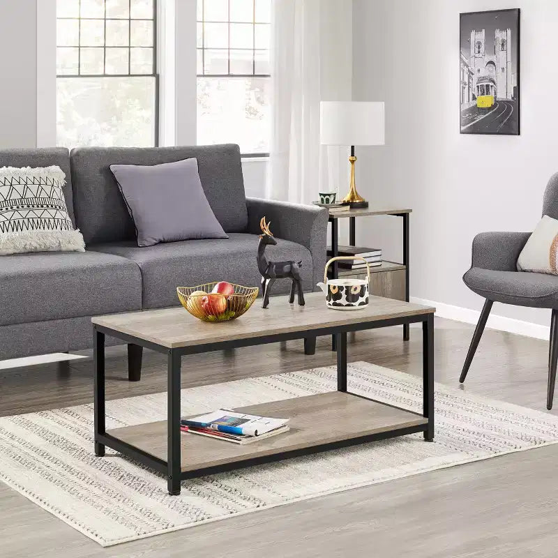 Wood Industrial Coffee Table with Storage Shelf for Living Room