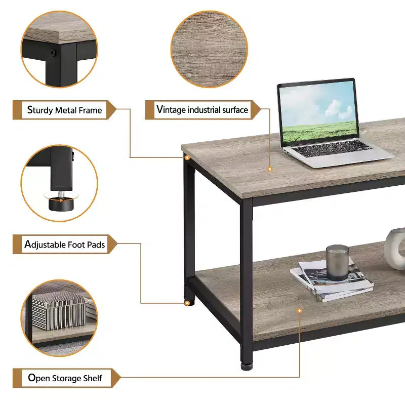 Wood Industrial Coffee Table with Storage Shelf for Living Room