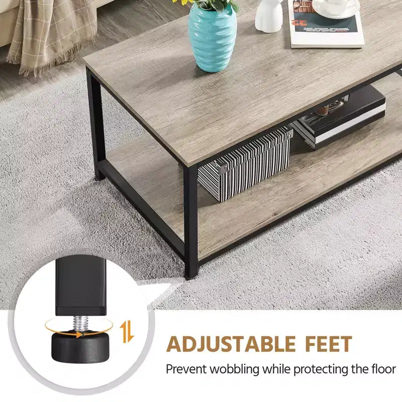 Wood Industrial Coffee Table with Storage Shelf for Living Room