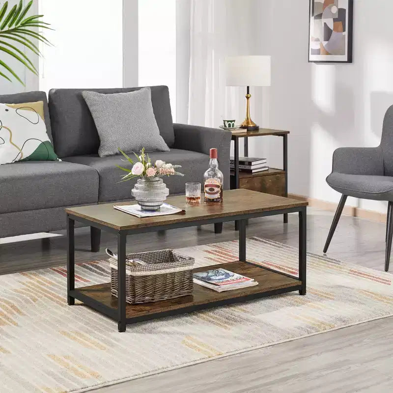 Wood Industrial Coffee Table with Storage Shelf for Living Room