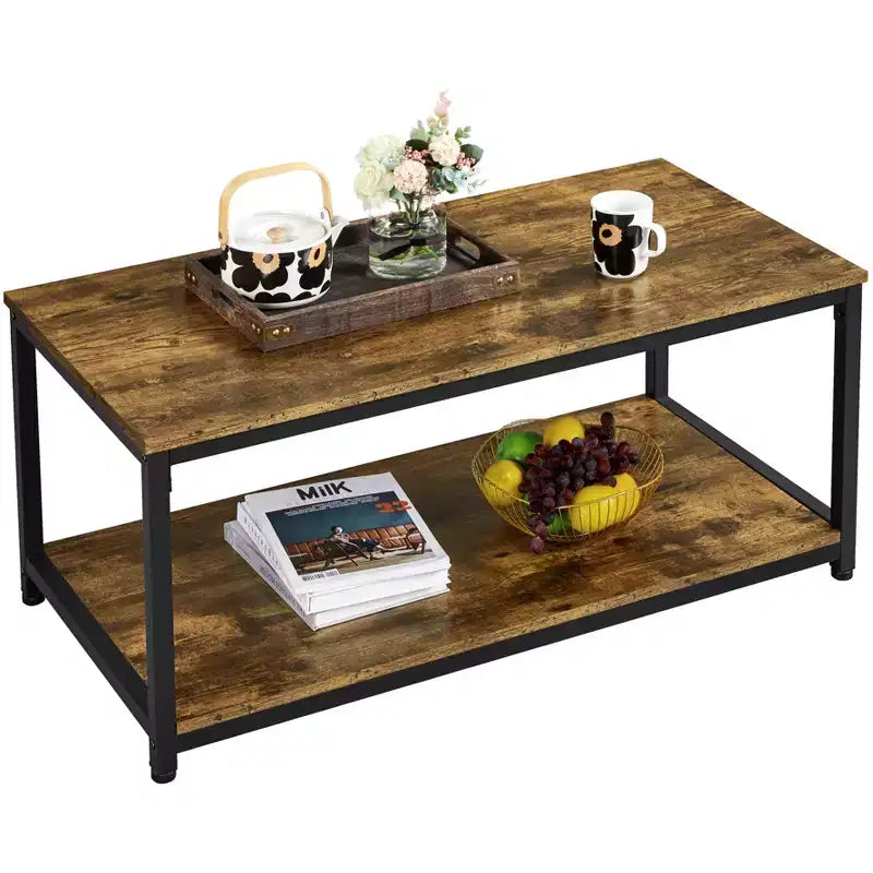 Wood Industrial Coffee Table with Storage Shelf for Living Room